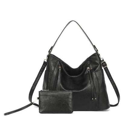 Women's PU Handbag For Daily Use Structured Everyday Carry - black structured PU shoulder bag with detachable pouch and sewn detailing