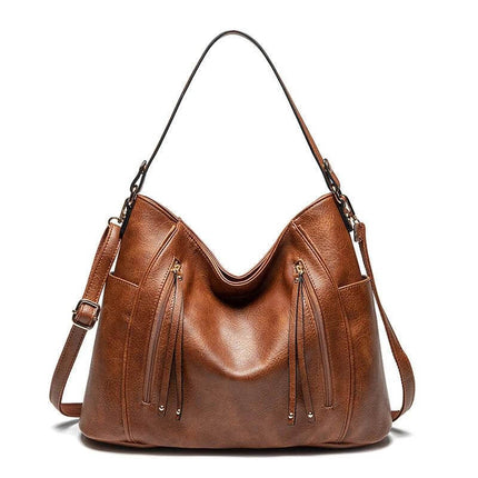 Women's PU Handbag For Daily Use Structured Everyday Carry in brown PU with detachable pouch and sewn detailing