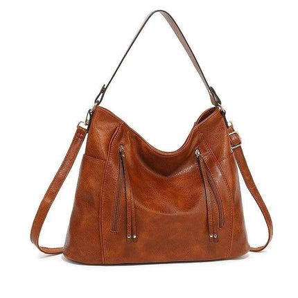 Women's PU Handbag For Daily Use Structured Everyday Carry brown PU shoulder bag with detachable pouch and zipper details
