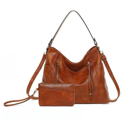 Women's PU Handbag For Daily Use Structured Everyday Carry - brown structured PU handbag with detachable pouch and zip pockets for work and errands