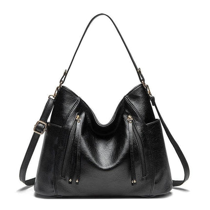 Women's PU Handbag For Daily Use Structured Everyday Carry in black with detachable pouch, polyester lining and sewn detailing