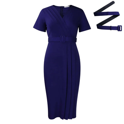 Women's V-Neck Belted Short Sleeve Mid Dress For Commute in navy polyester with removable belt, V-neck, short sleeves, mid-length skirt, pullover style
