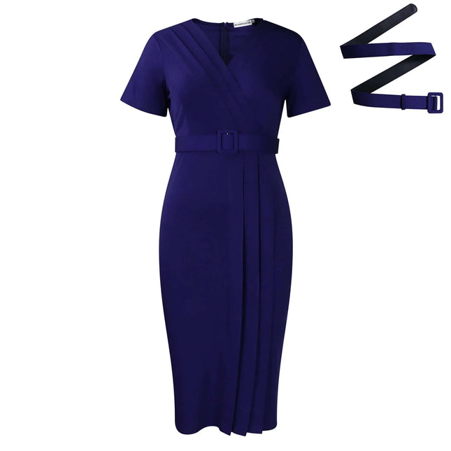 Women's V-Neck Belted Short Sleeve Mid Dress For Commute in navy polyester with removable belt, V-neck, short sleeves, mid-length skirt, pullover style