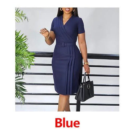 Women's V-Neck Belted Short Sleeve Mid Dress For Commute in pink blue and green, pullover style with removable belt, V-neck short sleeves mid-length