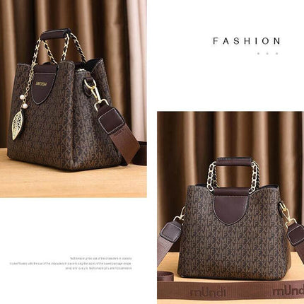 Women's Vintage Printed Bucket Handbag Small Brown compact PU bucket bag with nylon lining, contrast details, double straps – daily carry essentials