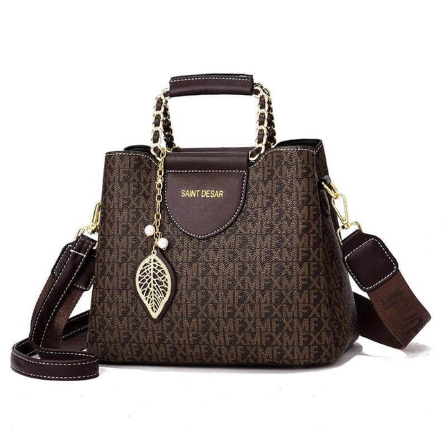 Women's Vintage Printed Bucket Handbag Small Brown - compact PU bucket bag with gold chain handle and detachable shoulder strap, nylon-lined interior