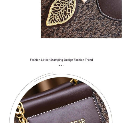 Women's Vintage Printed Bucket Handbag Small Brown close-up of leaf pendant, gold chain and Saint Desar stamped leather pocket