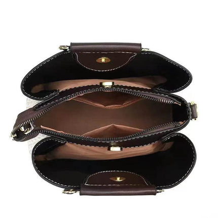 Women's Vintage Printed Bucket Handbag Small Brown, top view showing nylon-lined interior, zipper compartment and double shoulder straps