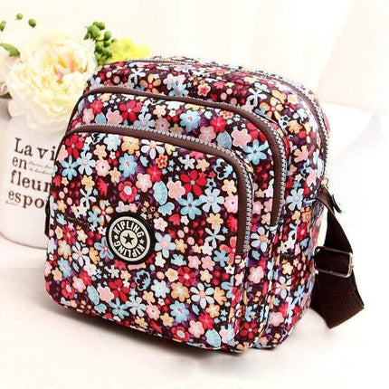 Women's Waterproof Nylon Shoulder Bag For Everyday Use - compact floral nylon shoulder bag with zipper pockets and polyester lining