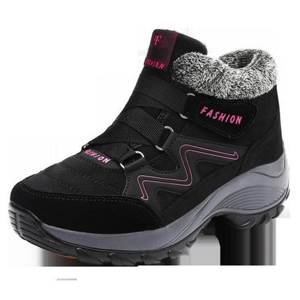 Women's Waterproof Hiking Boots With Non Slip Sole For Trail Use - black PU winter hiking boot with faux-fur collar and rugged non-slip sole
