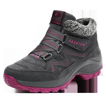 Women's Waterproof Hiking Boots With Non Slip Sole For Trail Use - gray and pink insulated PU hiking boot with non-slip rubber sole