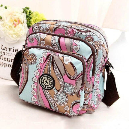 Women's Waterproof Nylon Shoulder Bag For Everyday Use - compact floral nylon shoulder bag with zipper pockets and polyester lining
