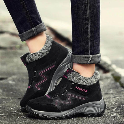 Women's Waterproof Hiking Boots With Non Slip Sole For Trail Use - black winter hiking boots with faux fur collar and rugged tread