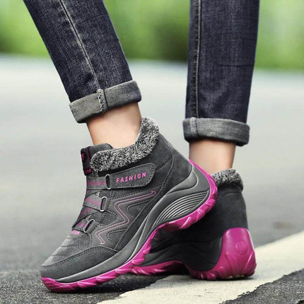 Women's Waterproof Hiking Boots With Non Slip Sole For Trail Use - grey PU ankle boots with pink traction sole and fleece collar for damp trails