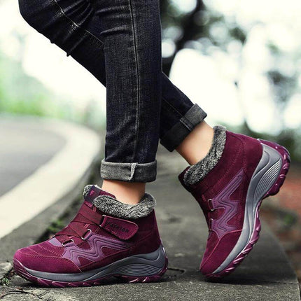 Women's Waterproof Hiking Boots With Non Slip Sole For Trail Use - maroon waterproof PU ankle boots with faux-fur lining and grippy rubber sole, street-to-trail style