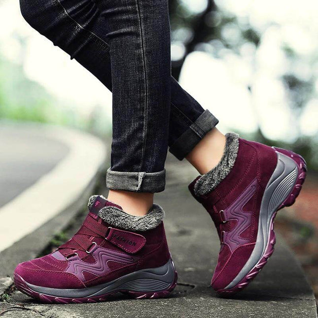 Women's Waterproof Hiking Boots With Non Slip Sole For Trail Use - maroon waterproof PU ankle boots with faux-fur lining and grippy rubber sole, street-to-trail style