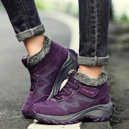 Women's Waterproof Hiking Boots With Non Slip Sole For Trail Use - purple insulated PU upper boots with fur collar and rugged traction sole