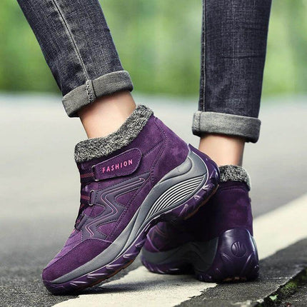 Women's Waterproof Hiking Boots With Non Slip Sole For Trail Use - purple waterproof PU ankle boots with fur lining and non-slip rubber sole