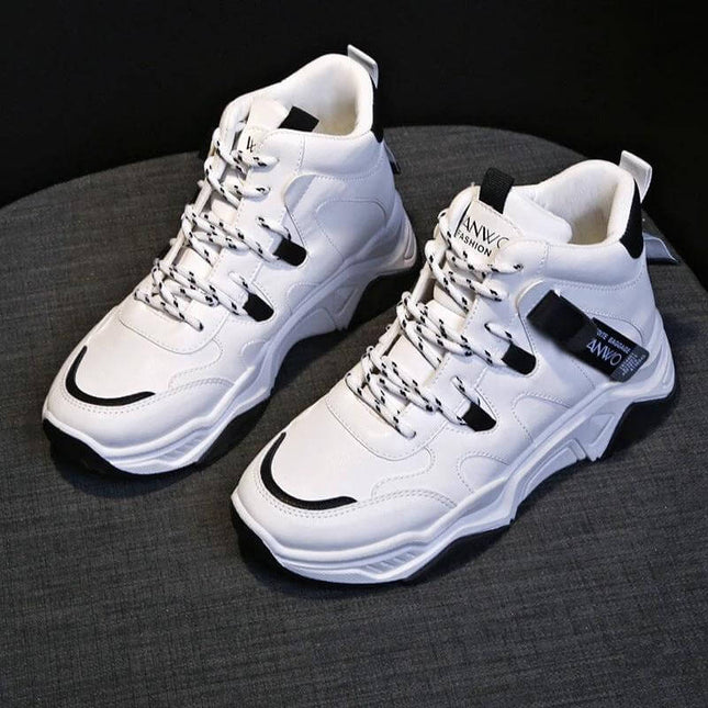 Women's White High Top Sneakers For Everyday Casual Wear - PU upper white high-top sneakers with rubber sole, minimalist easy-clean design