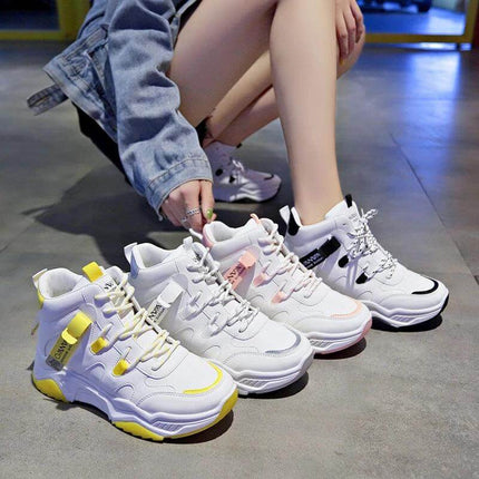 Women's White High Top Sneakers For Everyday Casual Wear — white PU high-top sneakers with rubber sole, easy-clean minimalist design for commuting and walking