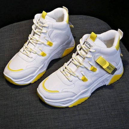Women's White High Top Sneakers For Everyday Casual Wear - white PU high-top sneakers with yellow accents, rubber sole for commuting and walking