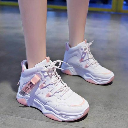 Women's White High Top Sneakers For Everyday Casual Wear - white PU high-top with pink accents, rubber sole, minimalist casual commuter shoes