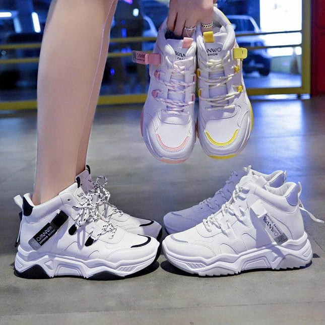 Women’s White High Top Sneakers For Everyday Casual Wear with PU upper, rubber sole and minimalist easy-to-clean design