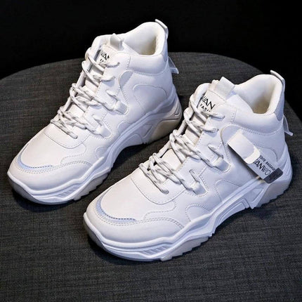 Women's White High Top Sneakers For Everyday Casual Wear - white PU high-top sneakers with rubber sole, minimalist everyday commuting shoe