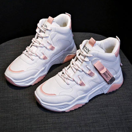 Women's White High Top Sneakers For Everyday Casual Wear - white PU upper high-top sneakers with rubber sole and pink accents
