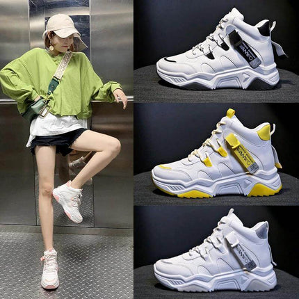 Women's White High Top Sneakers For Everyday Casual Wear - PU upper, rubber sole, minimalist clean white high-top shoe