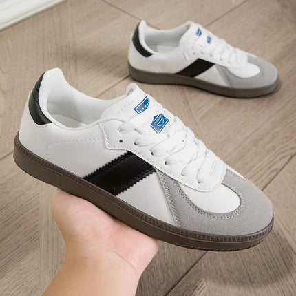 Women's White Lace-Up Casual Sneakers With Leopard Accent Low-Top in white microfiber leather with leopard accent, mesh lining and rubber/MD/TPU outsole
