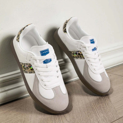 Women's White Lace-Up Casual Sneakers With Leopard Accent Low-Top in white leather and leopard trim, low-top silhouette with rubber outsole