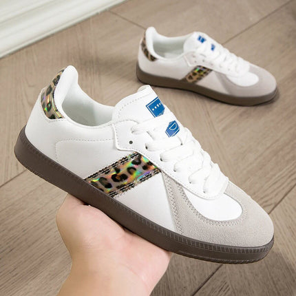 Women's White Lace-Up Casual Sneakers With Leopard Accent Low-Top in white microfiber leather with leopard accent stripe and brown outsole