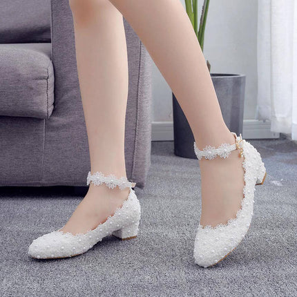 Womens White Lace Wedding Shoes With Low Square Heel in white with ankle strap, round toe and 3.5cm stable heel for ceremonies and receptions