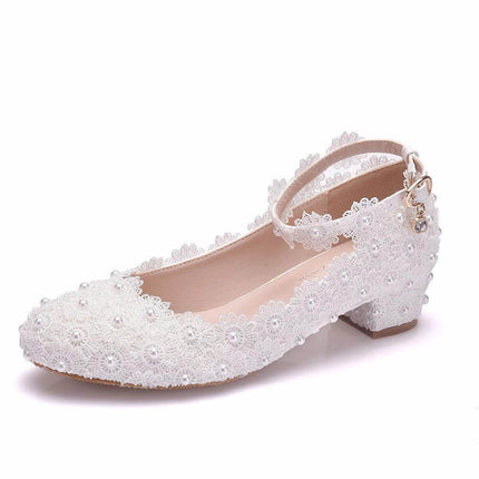 Womens White Lace Wedding Shoes With Low Square Heel in white lace with round toe, 3.5 cm square heel, ankle strap and pearl details for brides