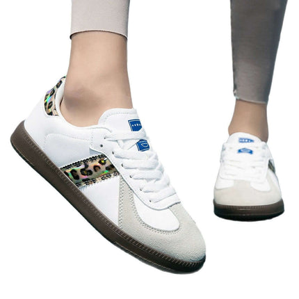 Women's White Lace-Up Casual Sneakers With Leopard Accent Low-Top in white microfiber leather with leopard accent and bonded rubber outsole