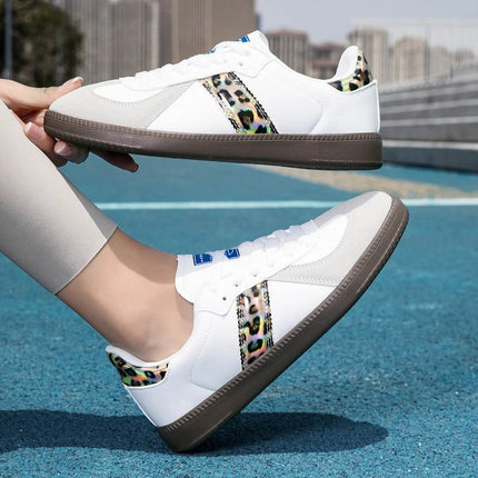 Women's White Lace-Up Casual Sneakers With Leopard Accent Low-Top - white low-top sneakers with leopard accent, microfiber leather upper and rubber outsole