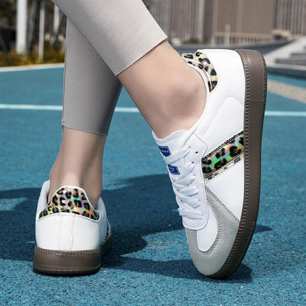 Women's White Lace-Up Casual Sneakers With Leopard Accent Low-Top - white microfiber leather low-top with leopard accent, mesh lining and rubber outsole