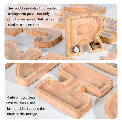 Wooden Alphabet Piggy Bank For Saving Coins With Acrylic Panel showing natural rubber wood letters with clear acrylic front holding coins