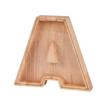 Wooden Alphabet Piggy Bank For Saving Coins With Acrylic Panel - rubber wood letter A coin bank with clear front, visible savings and natural grain finish