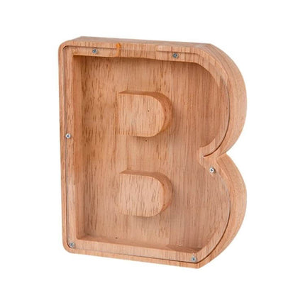 Wooden Alphabet Piggy Bank For Saving Coins With Acrylic Panel - natural rubber wood letter B coin bank with visible acrylic front