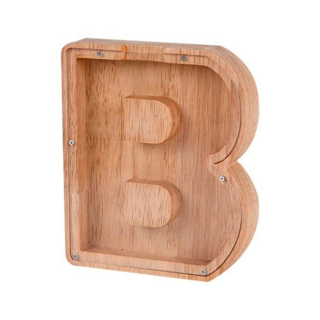 Wooden Alphabet Piggy Bank For Saving Coins With Acrylic Panel - natural rubber wood letter B coin bank with visible acrylic front