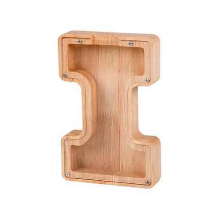 Wooden Alphabet Piggy Bank For Saving Coins With Acrylic Panel natural rubber wood letter I with clear front for visible coin storage