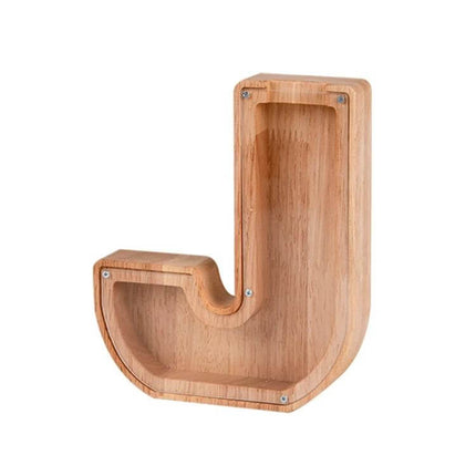 Wooden Alphabet Piggy Bank For Saving Coins With Acrylic Panel - J-shaped rubber wood coin saver with clear front, decorative kids room accessory