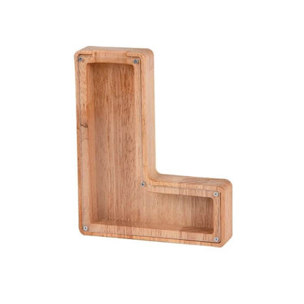 Wooden Alphabet Piggy Bank For Saving Coins With Acrylic Panel - L-shaped rubber wood coin bank with clear front and visible savings