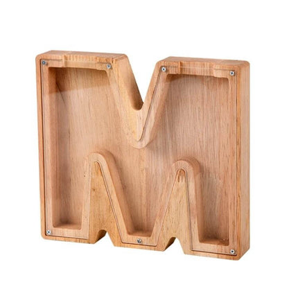 Wooden Alphabet Piggy Bank For Saving Coins With Acrylic Panel - rubber wood letter M coin bank with clear front, visible savings, decorative kids room