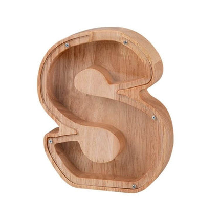 Wooden Alphabet Piggy Bank For Saving Coins With Acrylic Panel - letter S rubber wood coin saver with clear front, decorative kids room bank
