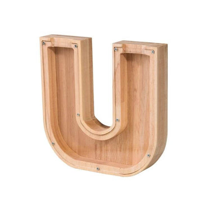 Wooden Alphabet Piggy Bank For Saving Coins With Acrylic Panel - natural rubber wood letter U with clear front for visible savings