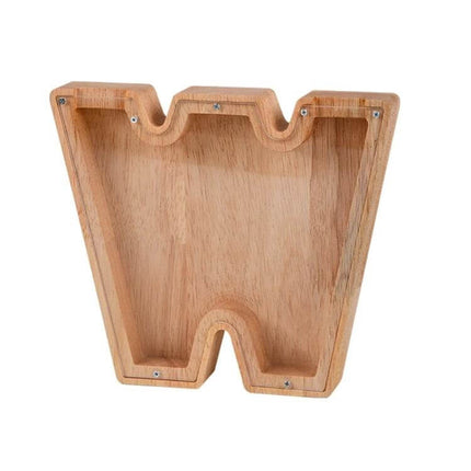 Wooden Alphabet Piggy Bank For Saving Coins With Acrylic Panel - natural rubber wood letter W with clear front for visible coin storage