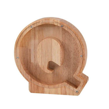 Wooden Alphabet Piggy Bank For Saving Coins With Acrylic Panel — natural rubber wood Q-shaped coin bank with clear front